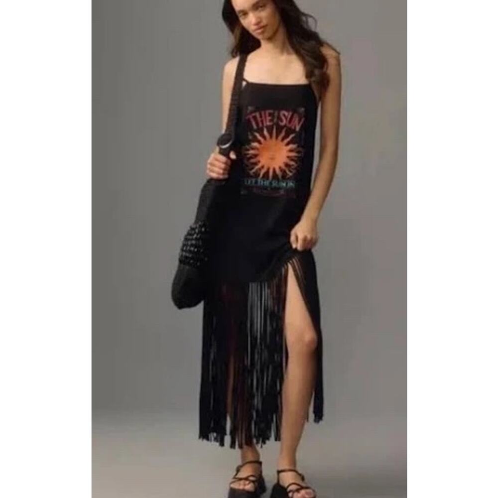 FARM RIO Sun & Stripes Maxi Dress Shredded Fringe Hem Celestial Boho | Sz M